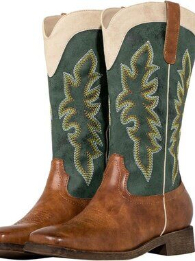 SheSole Womens Green Brown Cowboy Square Toe Cowgirl Wide Calf Western Boots